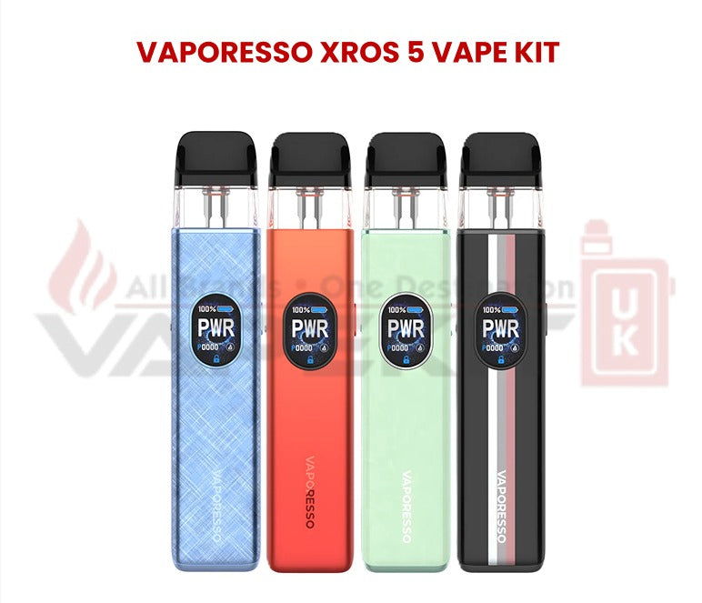 Vaporesso XROS 5 Vape Kit in four colors  blue, red, mint green, and black  displaying PWR mode on LED screens.