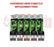 Vaporesso XROS CoreX 2.0 Replacement Pods shown in multiple coil variants with green packaging boxes