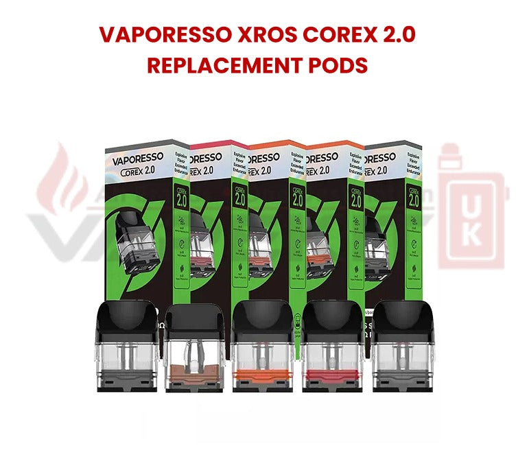 Vaporesso XROS CoreX 2.0 Replacement Pods shown in multiple coil variants with green packaging boxes