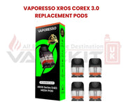 Vaporesso XROS CoreX 3.0 Replacement Pods 0.6Ω Mesh Pod 4-pack with green packaging box and four individual pods shown
