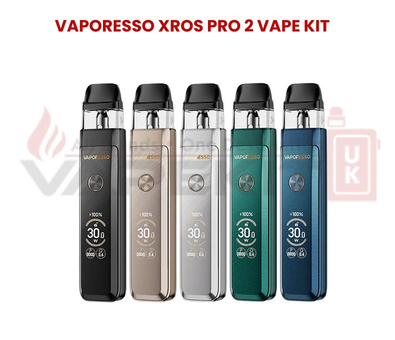 Vaporesso XROS Pro 2 Vape Kit in five colors – black, gold, silver, green, and blue – displaying 30W power on OLED screens