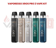 Vaporesso XROS Pro 2 Vape Kit in five colors – black, gold, silver, green, and blue – displaying 30W power on OLED screens