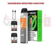Vaporesso XROS Pro Vape Pod Kit in silver and orange with green packaging box, USB-C charging cable, and two replacement pods shown
