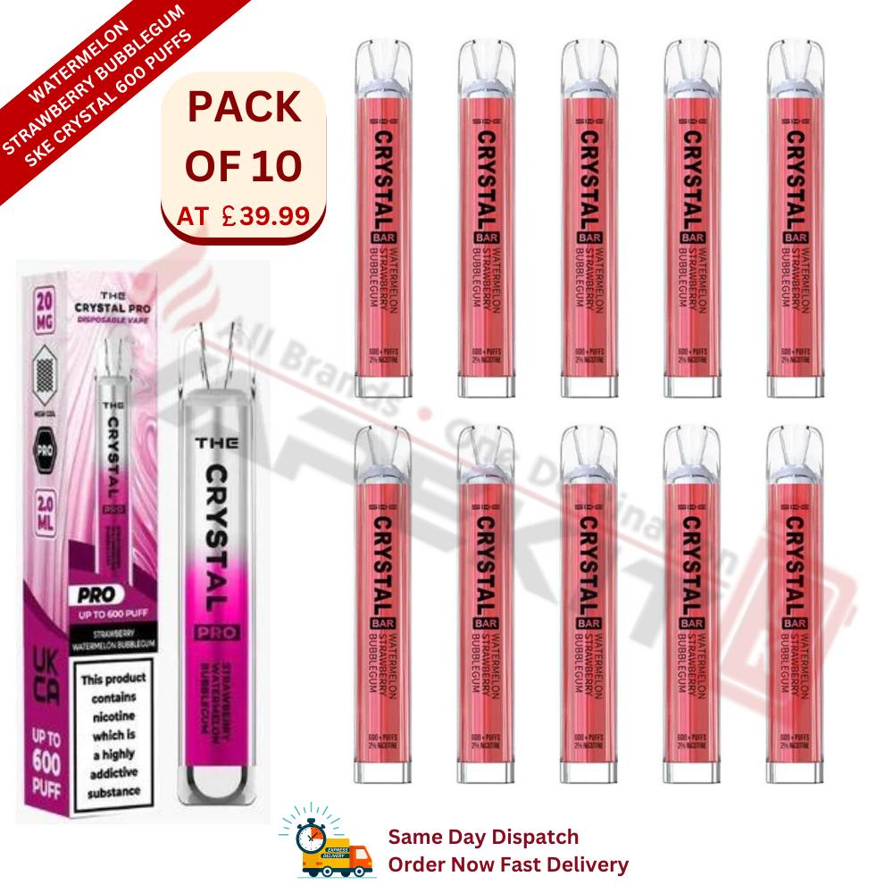 Watermelon Strawberry Bubblegum SKE Crystal 600 Puffs Disposable Vape Device 10 Pack - Vape Store UK | Online Vape Shop | Disposable Vape Store | Ecig UK