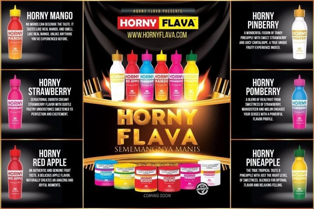 Horny Flava E Liquid bottles – 6 fruity vape juice flavours in 65ml and 120ml, available in 0mg, 3mg, 6mg nicotine strength.