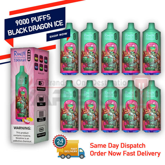RandM Tornado Black Dragon Ice 9000 Puffs Bar £73.95 (Box of 10)